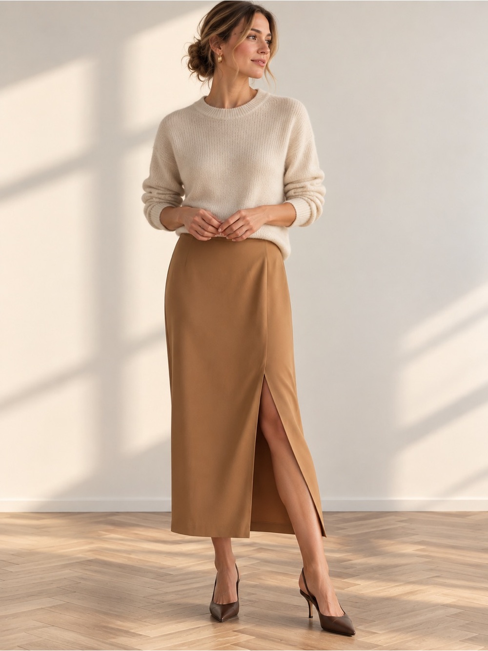 Vintage 100% Silk Faux Wrap Midi Skirt Camel